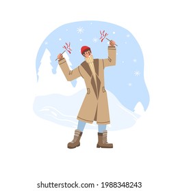 Caricatura vectorial plana celebra Navidad, vacaciones de Año Nuevo en la nieve en temporada invernal - moda, emociones, estilo de vida saludable concepto social