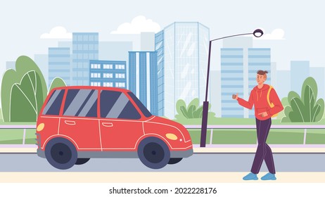 Vector flat cartoon character in city life scene-young man hitchhiking,trying to catch a ride,car passing by on cityscape background.Web online banner design,city life scene,social story concept