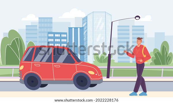 Vector flat cartoon character in city life\
scene-young man hitchhiking,trying to catch a ride,car passing by\
on cityscape background.Web online banner design,city life\
scene,social story\
concept