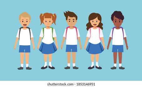 Vector flat cartoon character of  a group of different nationalities children wearing school uniform with backpacks.