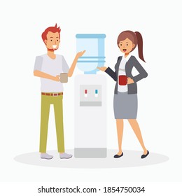 Caricatura vectorial plana Ilustración de compañeros de oficina hablando entre ellos en Water Cooler en el cargo. Gossip, El Agua Fría.