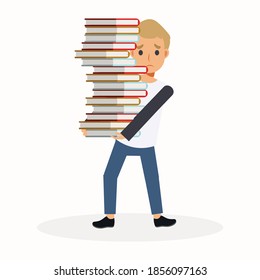 Vector Flat Cartoon character Illustration of A Boy carrying a Big Stack Of Books. The boy is sad because too much books to read. Education.