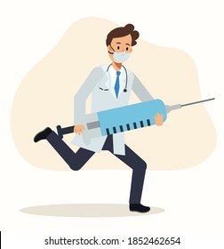 Caricatura vectorial plana del médico masculino corriendo y sosteniendo la jeringa de la vacuna. la aguja y el fármaco, la vacunación contra el virus.