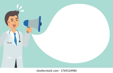 Vector flat cartoon character of man doctor take microphone to announce. Doctor holding megaphone.