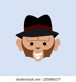 Vector Flat Cartoon Character: Monkey Wearing Fedora Hat. Suitable For Mascot.