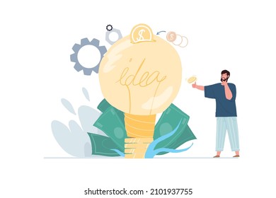 Vector flat cartoon character near giant light bulb-metaphor of investing in business projects,money funding,sponsoring original interesting ideas,financial social concept,web site ad banner design