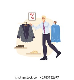 Vector flat cartoon character on shopping sale - discounts,sales,fashion,emotions,lifestyle,social concept