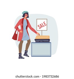 Caricatura vectorial plana en venta de compras - descuentos, ventas, moda, emociones, estilo de vida, concepto social