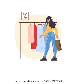 Vector flat cartoon character on shopping sale - discounts,sales,fashion,emotions,lifestyle,social concept