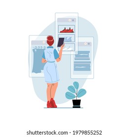 Personaje de dibujos animados de pantalla plana en una tienda en línea, buscando ofertas de compras, descuentos en teléfonos móviles de pantalla, tablet, smartphone - ventas web en línea, medios sociales, moda, emociones, concepto de estilo de vida