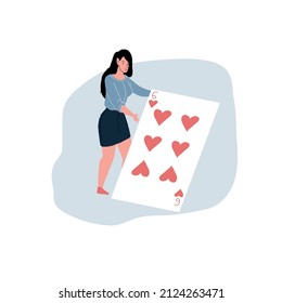 Vector flat cartoon character with playing card building house of cards-metaphor for beginning of new business,successful startup,effective teamwork,goal achievement,web page online design concept