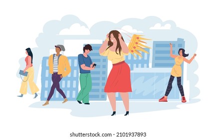 Vector flat cartoon character with psychological problem,golden crown falling from woman head at public- self-conceit problem,personal psychology concept,web site ad banner design