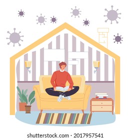 Vector flat cartoon character sit indoor at home quarantine,self isolation - happy man reading book in safety during viral infection pandemic.Coronavirus protection,covid prevention,social concept