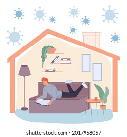 Vector flat cartoon character sit indoor at home quarantine,self isolation - happy man reading book in safety during viral infection pandemic.Coronavirus protection,covid prevention,social concept