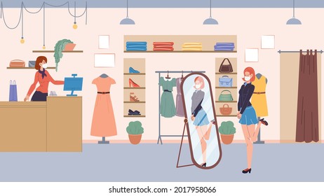 Vector flat cartoon character tries new trendy clothes outfit at fashion shop during coronavirus pandemic quarantine.Covid prevention,protection-wearing face masks,social distancing medical concept