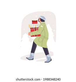 Vector flat cartoon character walking outdoor in snow at winter season with christmas new year gifts- fashion,emotions,healthy lifestyle social concept