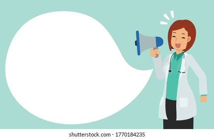 Vector flat cartoon character of woman doctor take microphone to announce.Doctor holding megaphone.