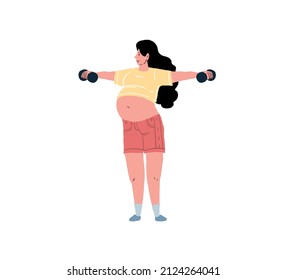 Vector flat cartoon character,pregnant woman doing exercises with dumbbells-pregnancy courses for new mothers,childbirth preparation,healthy happy motherhood social concept,web site banner ad design