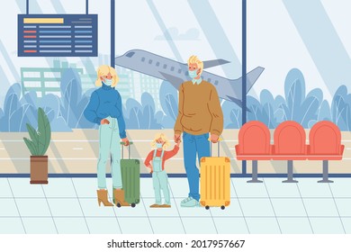 Vector flat cartoon characters in airport during pandemic-traveling family with luggage shows coronavirus prevention,covid protection measures-wearing face masks,social distancing,medical concept