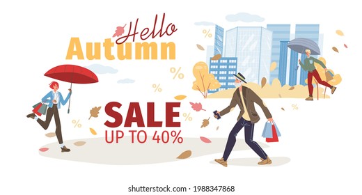 Vector flat cartoon characters at autumn sale,walking and run for shopping discounts - online web season sales,social media,fashion,emotions,lifestyle concept