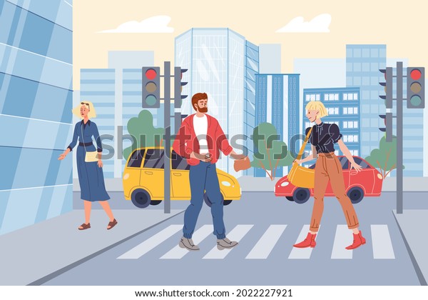 Vector flat cartoon characters in city life\
scene-people walking along pedestrian crossing,cars are passing by\
on cityscape background.Web online banner design,city life\
scene,social story\
concept