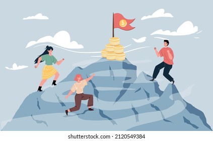 Vector Flat Cartoon Characters Climbing,race To Pile Of Coins On Mountain Top-pursuit Of Financials Goals,personal Career Growth,financial Success Achievement Concept,web Site Ad Banner Design