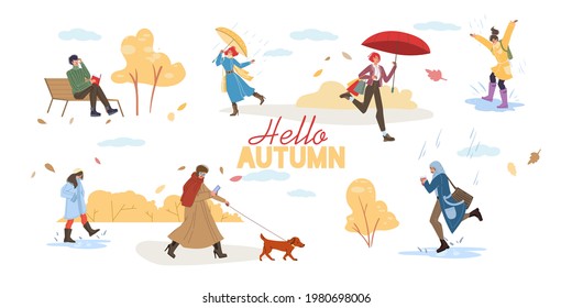 Vector flat cartoon characters doing autumn activities and walking outdoor in rain - fashion,emotions,healthy lifestyle social concept