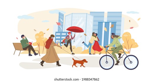 Vector flat cartoon characters doing autumn activities and walking outdoor in city - fashion,emotions,healthy lifestyle social concept