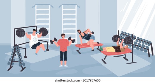 Vector flat cartoon characters enjoy sport activities at fitness gym.Athletes working out with barbell and dumbbells.Healthy sporty lifestyle,life scene,social story concept design