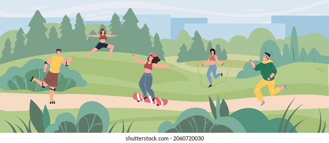 Vector flat cartoon characters enjoy sport activities at summer park-skating,jumping,running,doing yoga outdoor.Healthy sporty lifestyle social concept,web site banner ad design