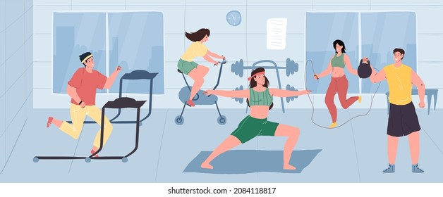 Vector flat cartoon characters enjoy sport activities at fitness gym-yoga,kettlebell work out,stationary bike exercise,treadmill running.Healthy sporty lifestyle social concept,web site banner design