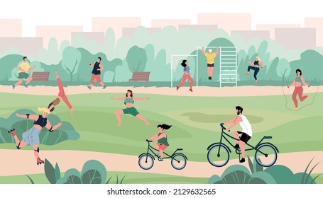 Vector flat cartoon characters enjoy various sport activities at city park they doing yoga running riding bikes   roller skates  healthy sporty lifestyle social concept web site banner ad design