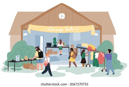 Vector flat cartoon characters at garage market,visitors watching,choosing and buying goods and clothes-fashion,shopping and sales,social concept,web site banner ad design