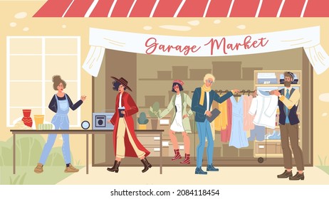 Vector flat cartoon characters at garage market,visitors watching,choosing and buying goods and clothes-fashion,shopping and sales,social concept,web site banner ad design