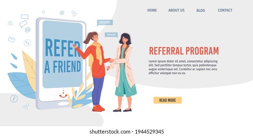 Vector flat cartoon characters get acquainted in refer a friend service.Happy young people shake hands in mobile phone app - social media concept for referral program.Landing page design