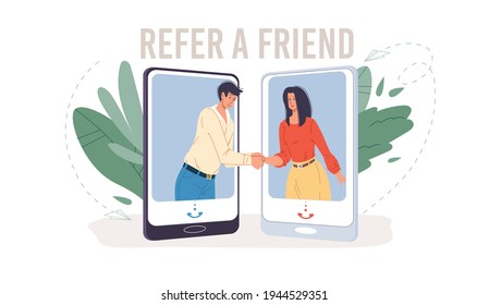 Vector flat cartoon characters get acquainted in refer a friend service.Happy young people shake hands in mobile phone app - social media design concept for referral program.Web site banner ad