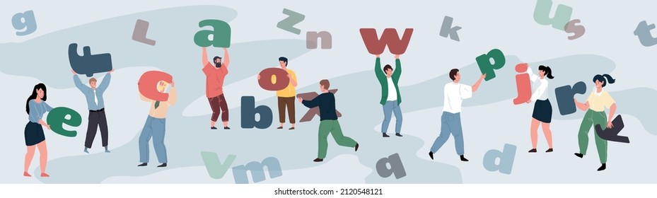 Vector flat cartoon characters hold,carry and move alphabet letters-metaphor of effective teamwork of startup team,business company employees workflow concept,web site banner design