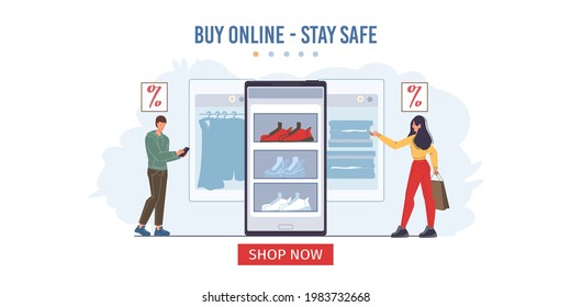 Vektor-Cartoon-Figuren im Online-Shop, auf der Suche nach Shopping-Angebote, Rabatte auf das Handy auf dem Bildschirm, Tablet, Smartphone - Online-Verkauf, soziale Medien, Mode, Emotionen, Lifestyle-Konzept