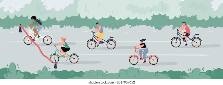 Vector flat cartoon characters ride bicycles.Young athletes riding bikes in park,participate in competitions,cross finish line.Web online design-sporty life scene,healthy lifestyle,social concept