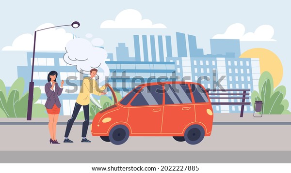 Vector flat
cartoon characters in road accident scene.Car broke down,male owner
trying to fix it,his girlfriend is worried.Web online banner
design,city life scene,social story
concept