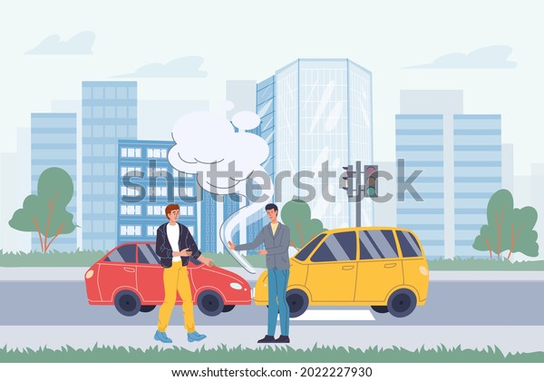Vector flat cartoon characters in road accident\
scene.Two cars collided,their owners argue about what happened on\
cityscape background.Web online banner design,city life\
scene,social story\
concept