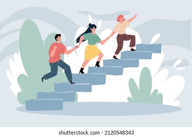 Vector flat cartoon characters runs up the stairs holding hands,helping each other-effective teamwork of successful startup team metaphor,business success achievement concept,web site banner design