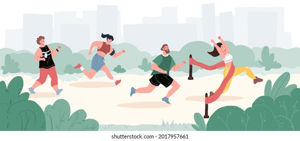 Vector flat cartoon characters run-young athletes participate in running competitions in city park,sprinting before finish line.Web online design-sporty life scene,healthy lifestyle,social concept