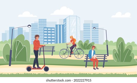 Vector flat cartoon characters spend time in park-guy riding scooter,young man reading on bench,happy cute girl riding bike.Web online banner design,modern city life scene,social story concept