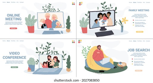 Vector flat cartoon characters using online video messenger conference communication on laptops.Happy people talk with friends and relatives,searching for job using web.Set of landing page design