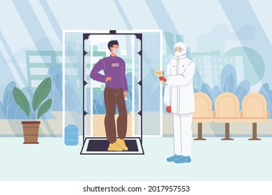 Vektor-Flache Cartoon-Charaktere-Arzt in Schutzanzügen misst die Temperatur des Menschen in Maske beim Aufbau der Einfahrt-Coronavirus-Covid-Prävention, Schutz gegen pandemische Virusinfektion, medizinisches Konzept