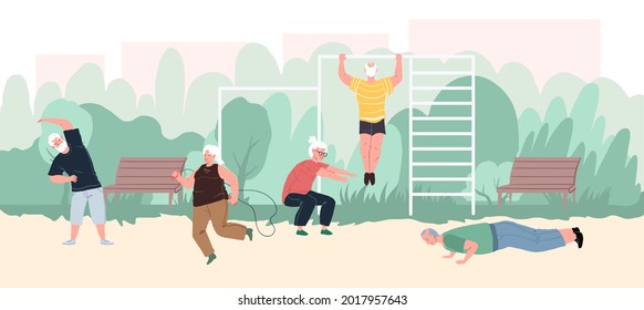 Vector flat cartoon characters,elderly athletes,enjoy sport activities at park.Aged people working out on outdoor sports ground.Healthy sporty lifestyle,life scene,social story concept design