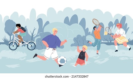 Vector flat cartoon characters,parents and kids doing outdoor sports,play badminton and football,ride bike in park-happy childhood,sporty healthy family social concept,web site banner ad design