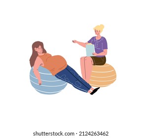 Vector flat cartoon characters,pregnant woman doing exercises on fitness ball with class trainer-pregnancy courses for new mothers,healthy happy motherhood social concept,web site banner ad design