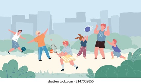 Vector flat cartoon characters,young parents and kids doing outdoor sports in city park,play badminton and football-happy childhood,sporty healthy family social concept,web site banner ad design